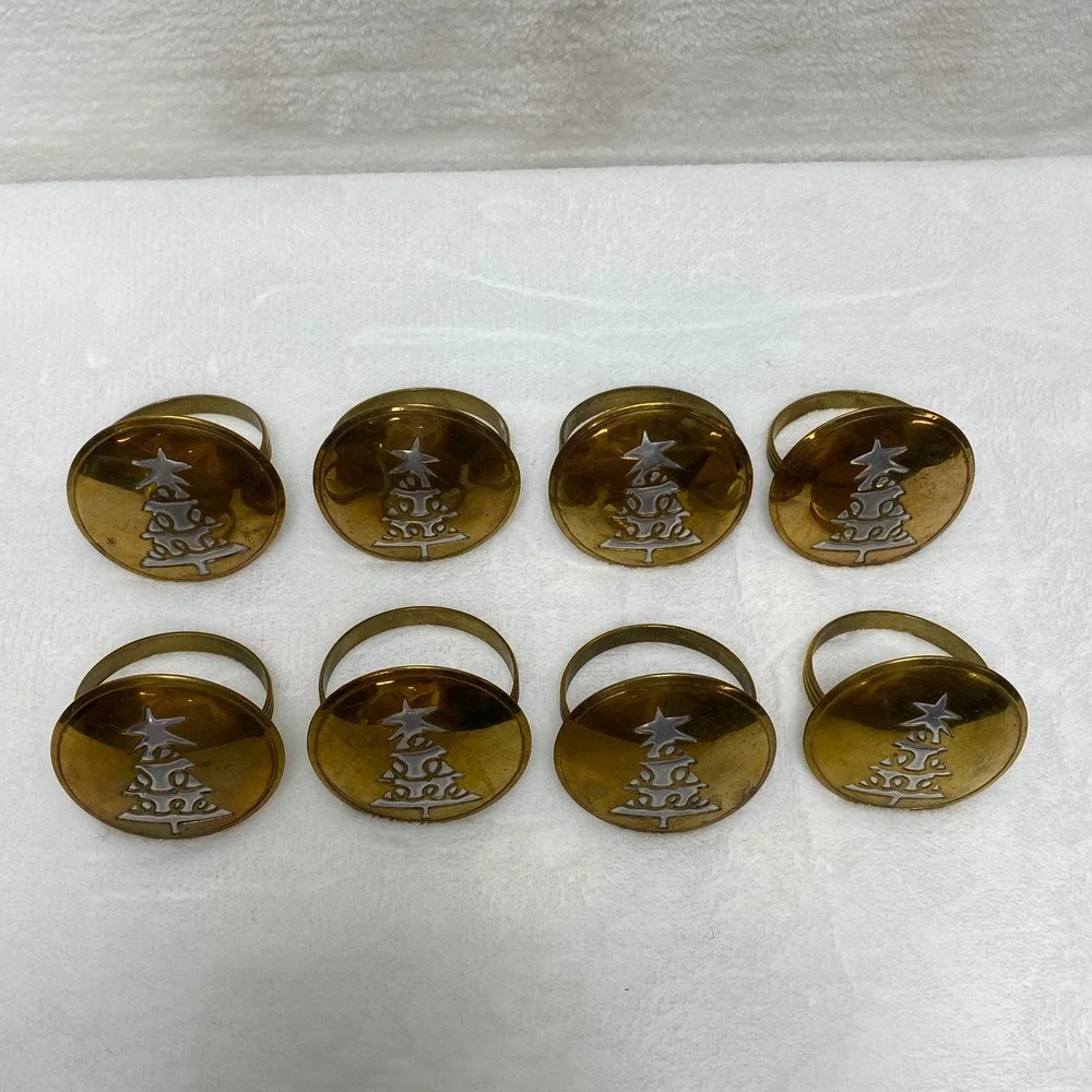 Set of 8 VTG Christmas Tree Napkin Rings Holders Brass Silver Tone Holiday Decor